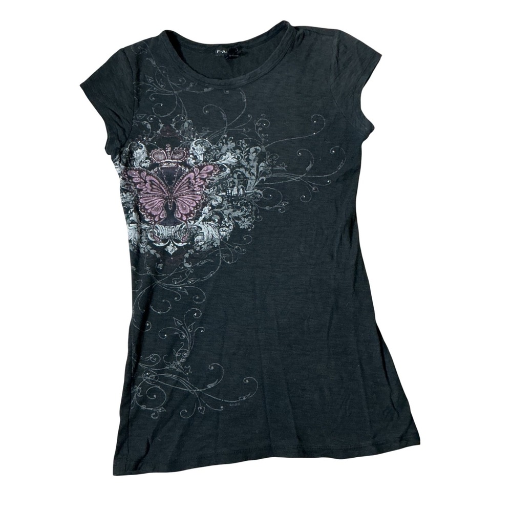 FANG Y2K Butterfly Graphic Tee Women Large Black Rhinestone Grunge Fairycore Top